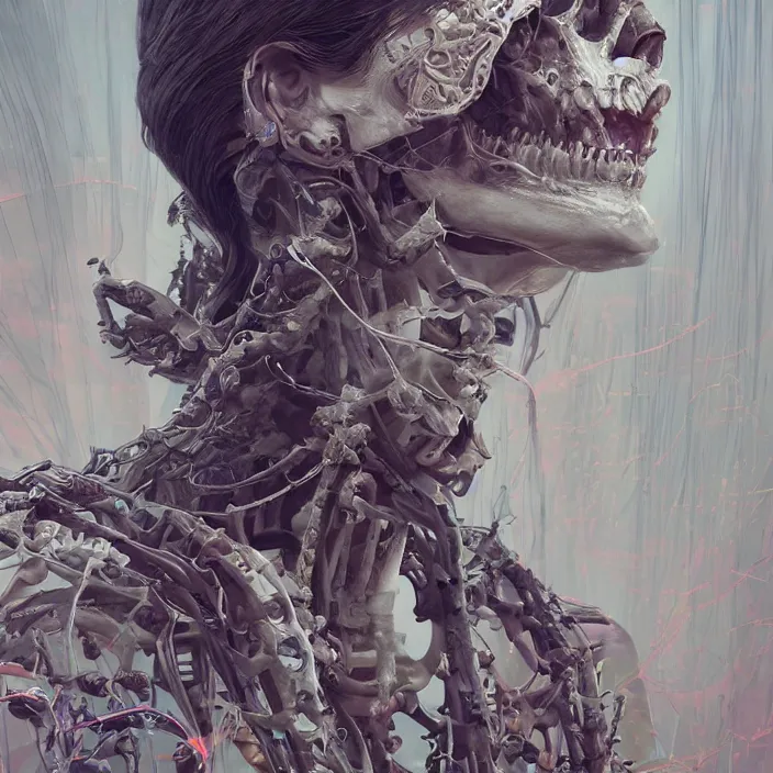 Image similar to portrait of skeleton as Alexandra Daddario. intricate abstract. intricate artwork. by Tooth Wu, wlop, beeple, dan mumford. octane render, trending on artstation, greg rutkowski very coherent symmetrical artwork. cinematic, hyper realism, high detail, octane render, 8k, iridescent accents