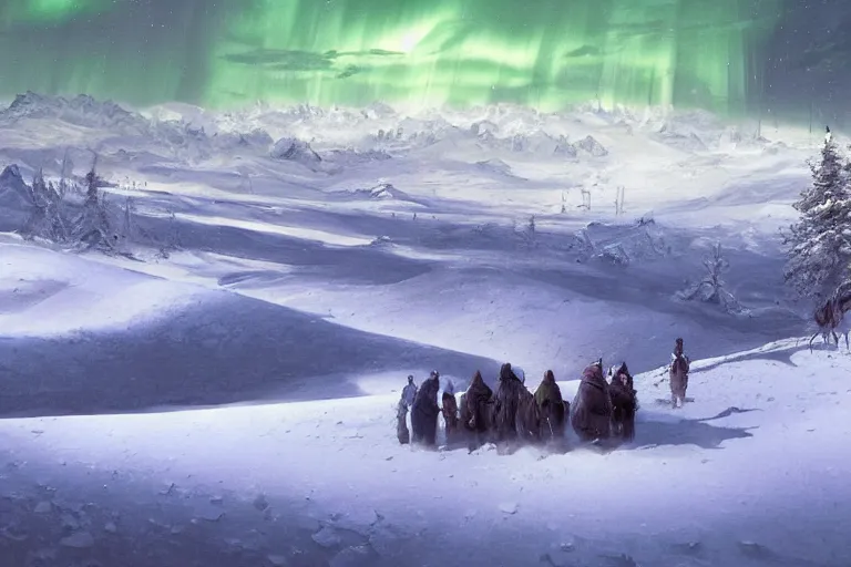 Image similar to A beautiful painting of the vast snow desert at night with the northern lights by marc simonetti, matte painting