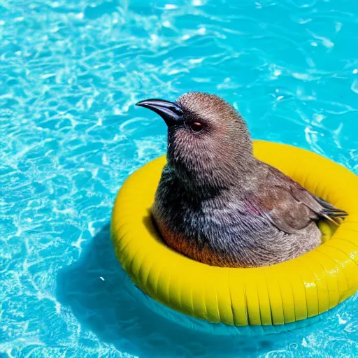 Prompt: a kiwi bird in a wooly hat sitting on a float in a pool, high quality