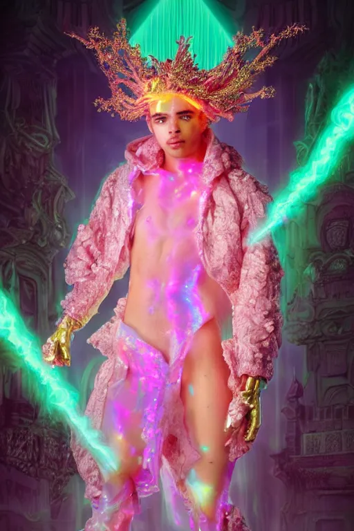 Prompt: full-body rococo and cyberpunk delicate neon crystalline sculpture of ((young muscular golden albino prince Joe Jonas)) as an iridescent humanoid deity wearing ((peach plastic hooded cloak)) (holding a human skull) in a white castle dungeon, reclining, glowing pink face, crown of (pink lasers), large blue diamonds, swirling black silk fabric. futuristic elements. oozing glowing liquid, full-length view. space robots. intricate artwork by caravaggio. Trending on artstation, octane render, cinematic lighting from the right, hyper realism, octane render, 8k, depth of field, 3D