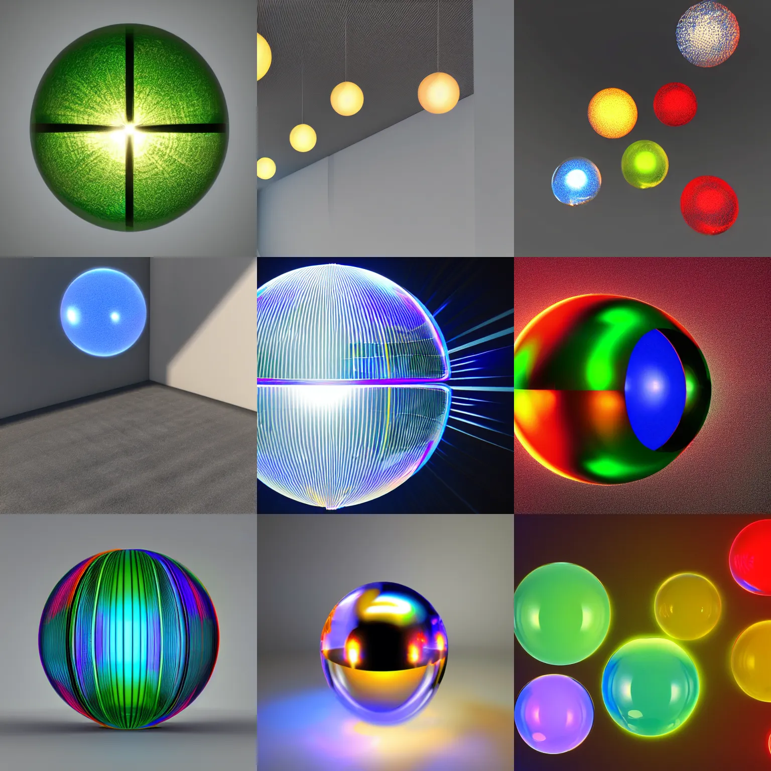 Prompt: a raytraced image of a glass sphere lit by various colored spotlights