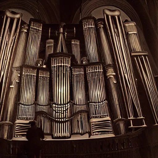 Prompt: two old prompt masters playing on huge scale pipe organ designed by h. r giger, interesting light and shadows effects