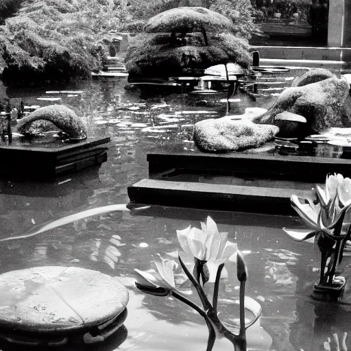 Prompt: the flowers are really bedraggled and the koi have been lethargic all summer, midday sunlight, 35mm black and white photo by Cartier Bresson, concept art,