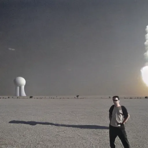 Image similar to last selfie before end of earth, nukes at background, very scarry and scarry