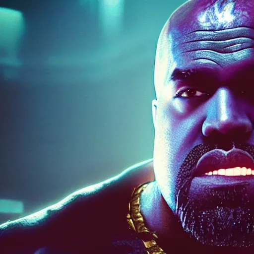 Image similar to Portrait of Kanye West as thanos, splash art, movie still, cinematic lighting, dramatic, octane render, long lens, shallow depth of field, bokeh, anamorphic lens flare, 8k, hyper detailed, 35mm film grain