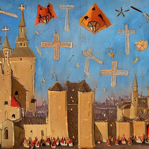 Image similar to a medival painting of holy objects flying above a medival town.