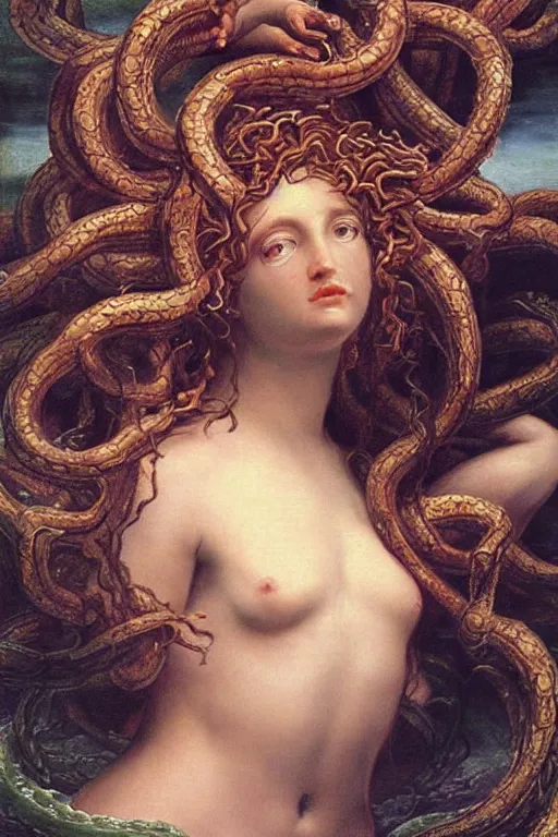 Prompt: Baroque painting of Medusa in a lake, inspired by Gustav Moreau and Wayne Barlowe, exquisite detail, hyper realism, ornate, exquisite detail, cute face