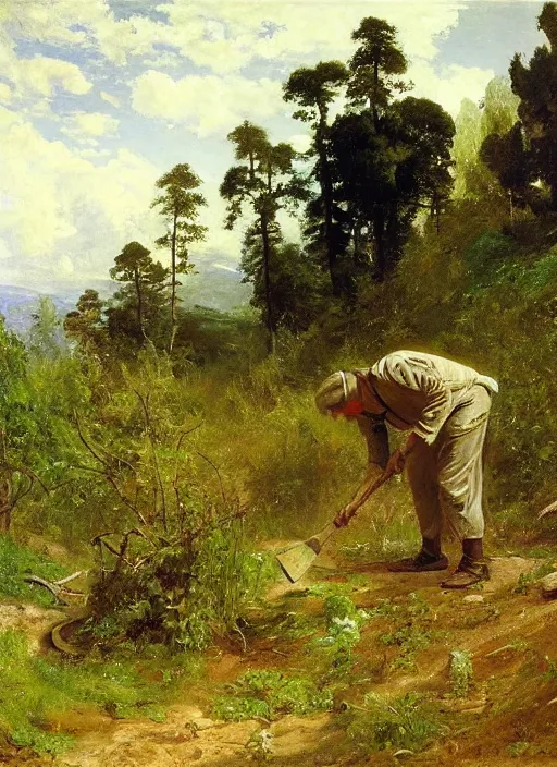 Prompt: artwork painting of a lush environment, a man is digging a grave, by eugene von guerard, ivan shishkin, john singer sargent