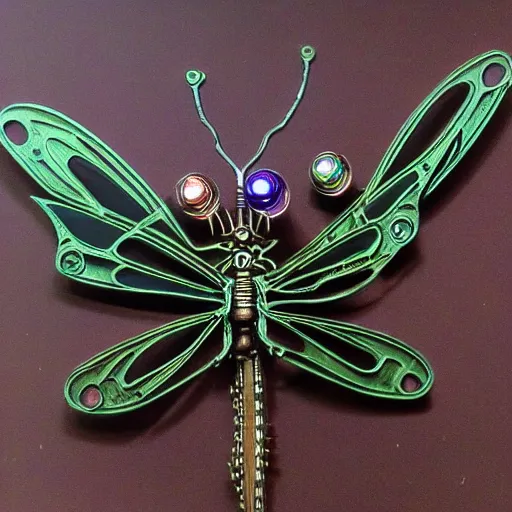 Image similar to steampunk clockwork dragonfly carrying prismatic orbs on it's back