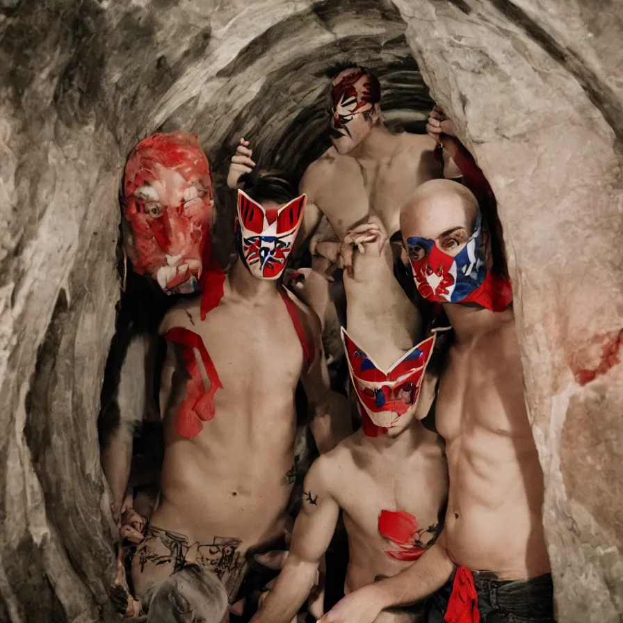 Prompt: shirtless men with moth masks and red peak hood in a spiral tunnel, cinestill 8 0 0 t 3 5 mm, heavy grain, high quality, high detail