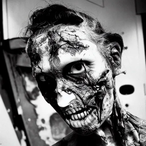 Prompt: real life sentient and composed irradiated undead with acute radiation sickness flaking, melting, rotting skin wearing 1950s clothes in a 1950s nuclear wasteland black and white award winning photo highly detailed, highly in focus, highly life-like, facial closeup taken on Arriflex 35 II, by stanley kubrick