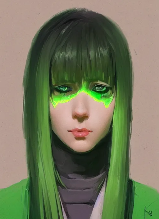 Image similar to a beautiful woman with green weyes lookign directly at the camera, bright colors, highly detailed, concept art, matte, trending on artstation, anime, art by wlop and artgerm and greg rutkowski, ilya kuvshinov, strong strokes,