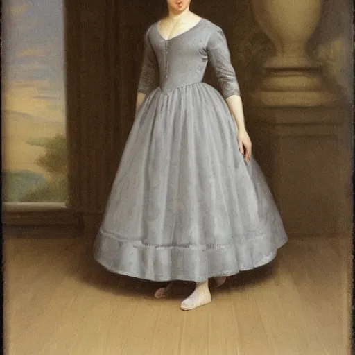 Image similar to portrait of Dasha Nekrasova wearing grey 1850 dress, in the style of the Hudson River School
