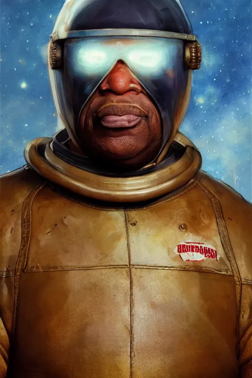 Image similar to upper body portrait of fat lennie james as furious baron harkonnen wearing old leather spacesuit, detailed, sunshine, nebula space background, illustration by norman rockwell, artstation character art, john william waterhouse, concept art, greg rutkowski