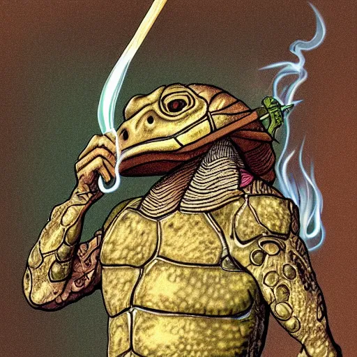 Prompt: Anthromorphic Warrior Turtle smoking a blunt