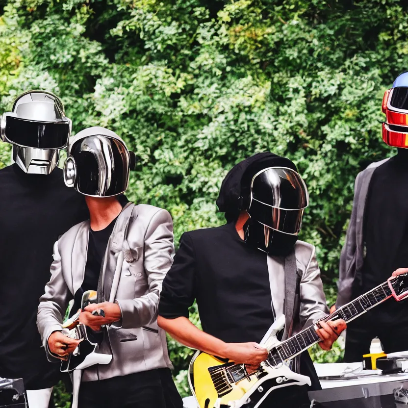 Prompt: daft punk performing at my back yard bbq