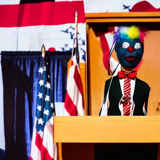 Image similar to string puppet of a president with clown makeup in a podium and a human shadow behind