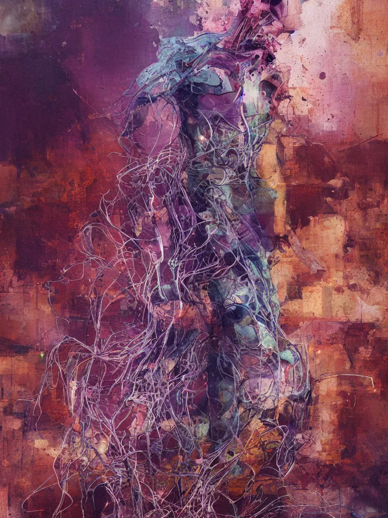 Image similar to a beautiful glitched painting by robert proch of an anatomy study of the human nervous system, color bleeding, pixel sorting, copper oxide and rust materials, brushstrokes by jeremy mann, cold top lighting, pastel purple background