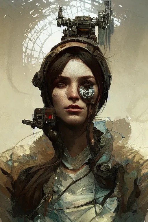 Prompt: A full portrait of a beautiful post apocalyptic Cyrillic explorer, intricate, elegant, highly detailed, digital painting, artstation, concept art, smooth, sharp focus, illustration, art by Krenz Cushart and Artem Demura and alphonse mucha