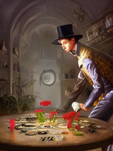 Prompt: a powerful male magician working in a table full of artifacts. weeds anf flowers growing on the floor. intricate, elegant, highly detailed, digital painting, artstation, concept art, sharp focus, illustration, by justin gerard and artgerm, 8 k