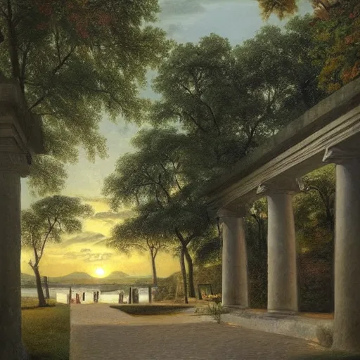 Image similar to a painting of a sunset in a park, an art deco matte painting by Edwin Deakin, pinterest, stone paths with a stone wall, pavilion, columns, vines, german romanticism, detailed painting, pre-raphaelite