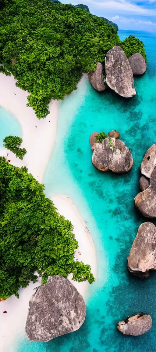 Prompt: beautiful koh samui, koh krabi, crystal clear blue water, white sandy beach, rocky cliffs, drone view