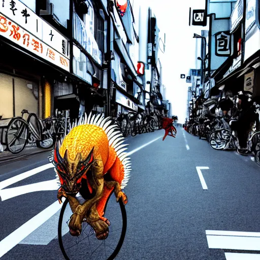 Prompt: a digital painting of a real dragon is riding a bike in the streets of Tokyo