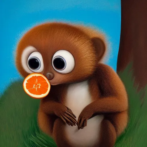 Prompt: hyper realistic cute fluffy big-eared brown Cheburashka with big eyes has big mouse ears, holding a tangerine, by Edward Hopper and James Gilleard, Zdzislaw Beksisnski, higly detailed
