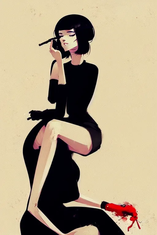 Image similar to a ultradetailed beautiful panting of a stylish woman in a black dress sitting, by conrad roset, greg rutkowski and makoto shinkai trending on artstation