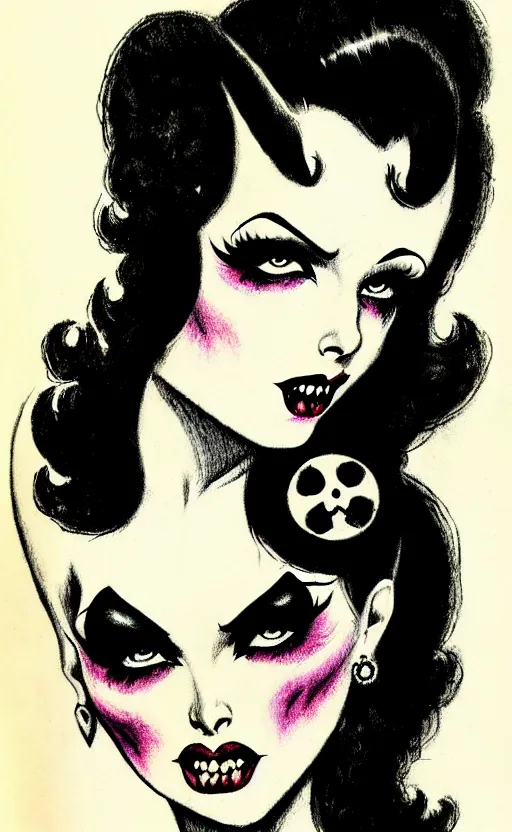 Image similar to goth girl with a detailed face and black hair, burlesque psychobilly, rockabilly, punk, white background, drawing, illustration by frank frazetta