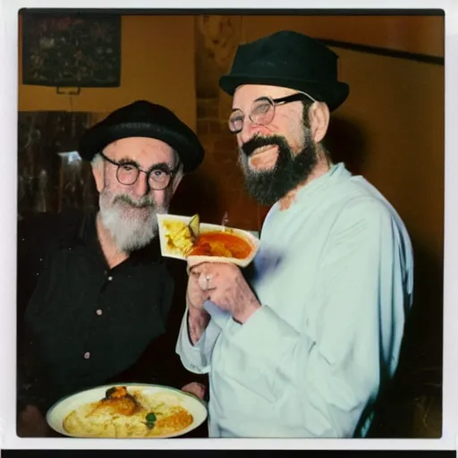 Prompt: terry pratchett and the grim reaper sharing a curry, polaroid photo