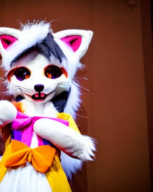 Prompt: a cute anthropomorphic calico fox girl anthro fursuit is wearing vibrant ribbons and a fluffy coat and a striped skirt, high definition photo at a convention center