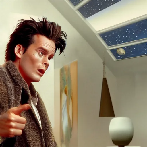 Image similar to hyperrealistic film still of ace ventura in the truman show set in space, stunning 3 d render, inspired by istvan sandorfi & greg rutkowski & unreal engine, perfect facial symmetry, dim volumetric cinematic lighting, 8 k octane comprehensive render, extremely hyper - detailed, incredibly lifelike attributes, intricate, real flesh texture, masterpiece, artstation, stunning,