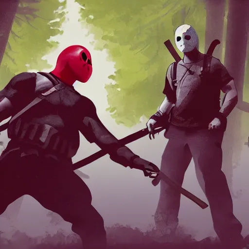 Image similar to jason voorhees fighting with deadpool in the woods digital art 4 k detailed super realistic