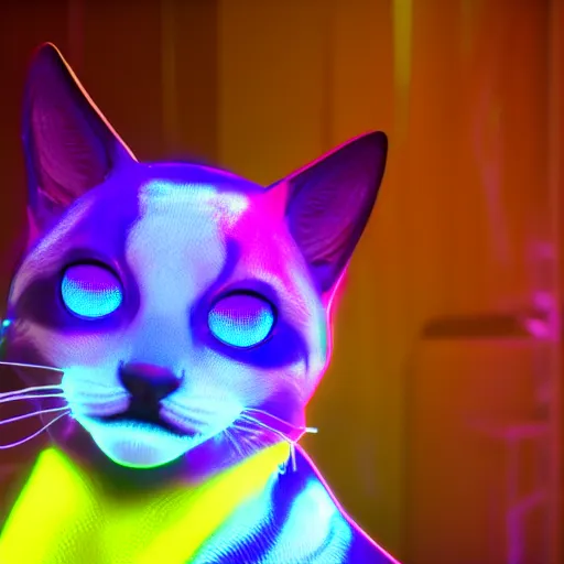 Image similar to neon strips on iridescent kittens cyperpunk 2 0 7 7, unreal engine 5, 8 k ultra realistic, hyperdetailed, volumetric lighting, extremely high quality