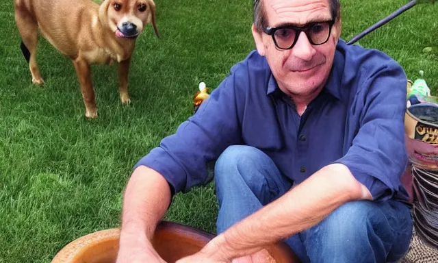 Image similar to My dad Steve just took a hit from the bongo and have good time being gracefully relaxed in the garden, sunset lighting. My second name is Carell. My dad second name is Carell. Im the dog and Steve Carell is my dad. Detailed face