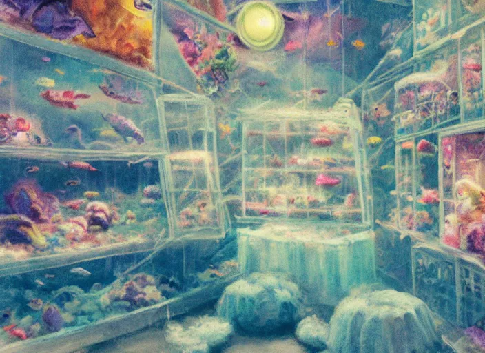 Prompt: clean impasto bright cheery placid pastel deep cozy moody cluttered painterly fluffy tiny cramped live pet store, aisles of aquariums, slanted ceiling, tiny space, particulate, trending on pixiv