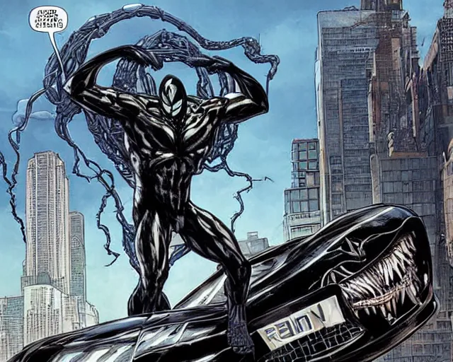 Image similar to Venom standing on top of a wrecked car in the city art by Clayton Crain, Javier Garron and Gerardo Sandoval