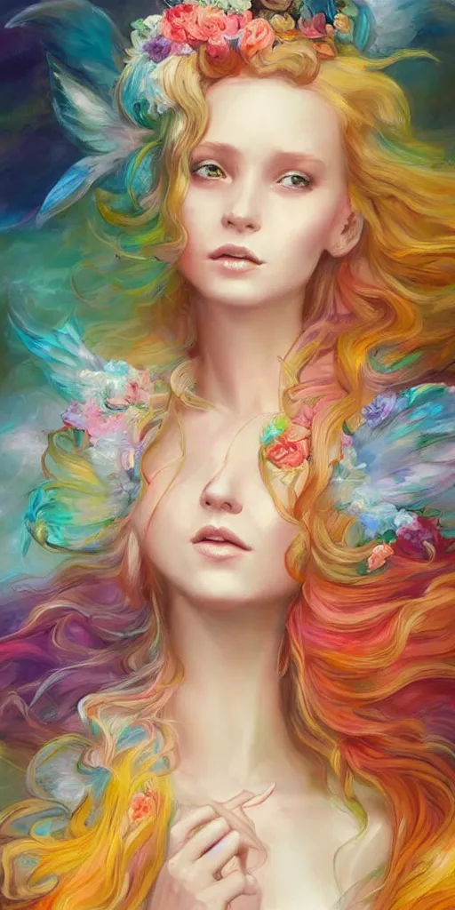 Image similar to a colorful and provenance portrait painting of the fantasy female with a floral wings, detailed, highly detailed, her hair made of hair made of air wind and curling smoke, mist, dust, genie, spirit fantasy concept art ， art by charlie bowater, trending on artstation.