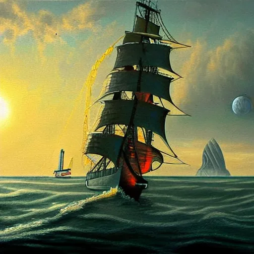 Image similar to a sailing ship off the shore of a beautiful coast with a distant ominous biopunk tower filled with evil technology glowing in the distance, painting by John Berkley