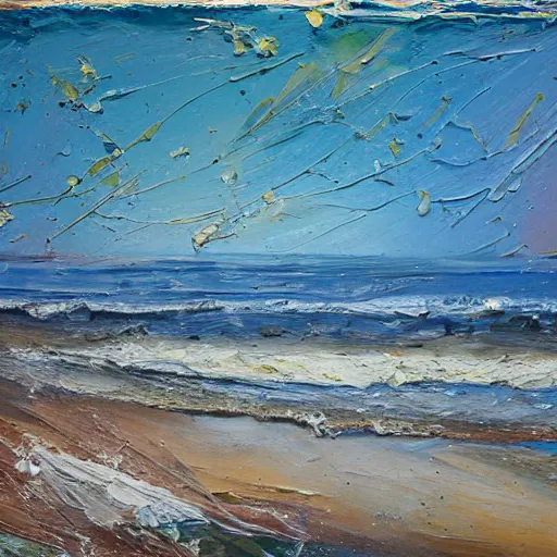 Image similar to oil paint impasto relief, beautiful night italian beach scene, rough sea, multi layered thick brush marks, some splattered paint, in the style of ivan shishkin and frank auerbach and van gogh