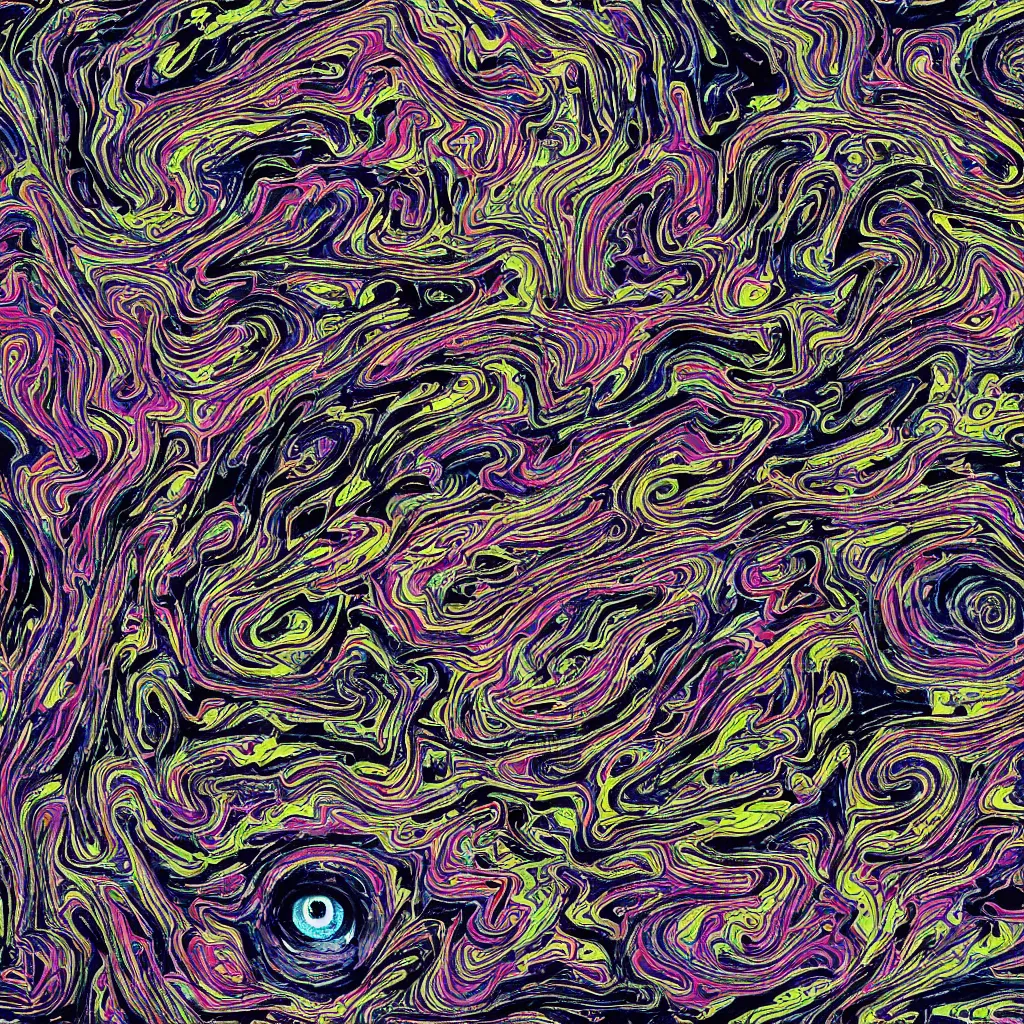 Image similar to colorful topo camo, swirls, technical, acrylic, eyes, teeth, death metal, eerie, tribal, clay, dotting, lines, stipple, points, cybernetic, style of old painting, francis bacon art, sleep paralysis, hypnosis, eerie, terror, oil, neon, black and white, color splotches, colorful dots, ominous, abstract