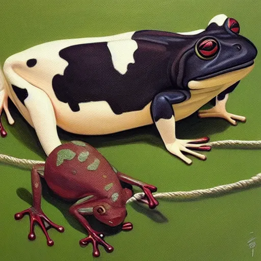 Image similar to a beautiful painting of singular frog graze a cow on a rope, trending on artstation