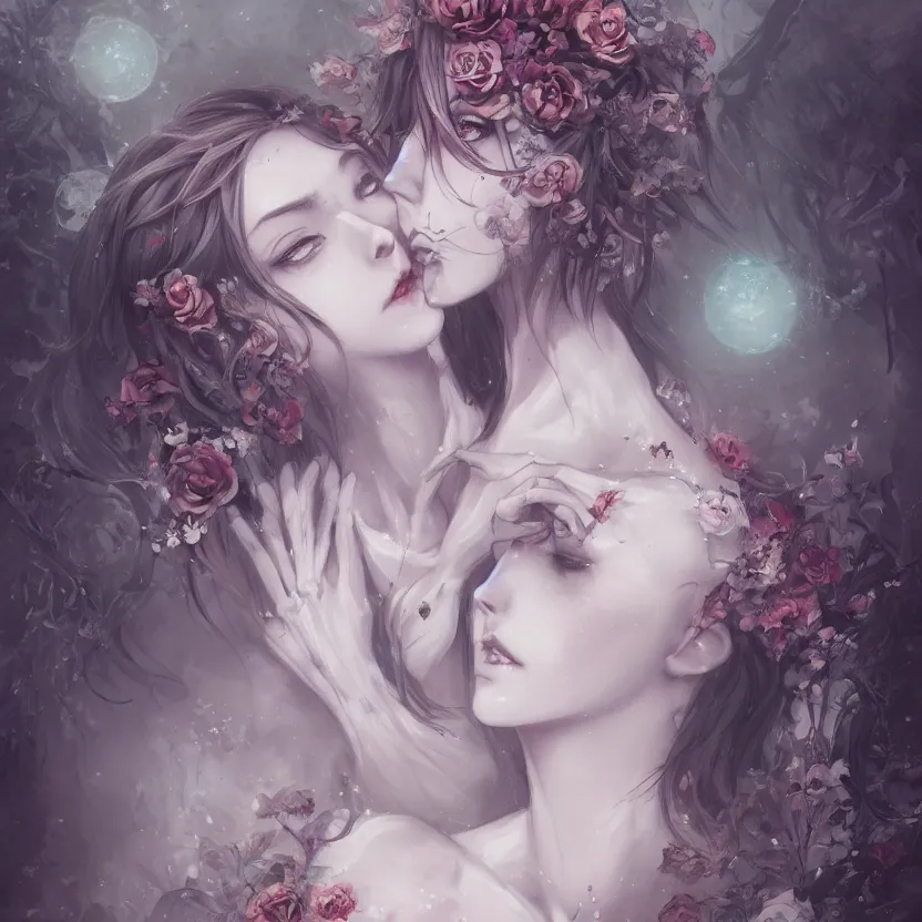 Image similar to Stunning Anime Goddess part skeleton of the floral river flowers, Kissing her king in a dark romance, misty, by cgsociety, in the style of Charlie Bowater, Tom Bagshaw, intricate, beautiful, artstation 8k, high resolution