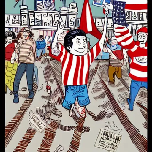Prompt: page from a Where's Waldo book set at the US Capitol riot