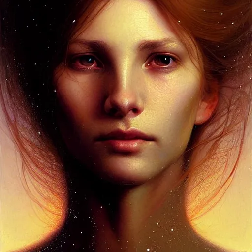 Prompt: Facial portrait of a cute shy woman, looking away from the camera, seductive smile, sparkle in eyes, lips slightly parted, long flowing hair, no hands visible, intricate, extremely detailed painting by James C. Christensen and by Greg Rutkowski and by Moebius, vibrant colors, stunning lighting
