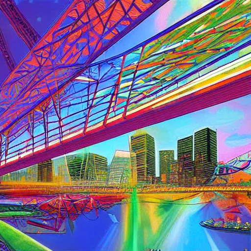 Image similar to extremely colorful, award winning digital art 4 k ultra detailed, milwaukee hoan bridge illustrated by andrew android jones