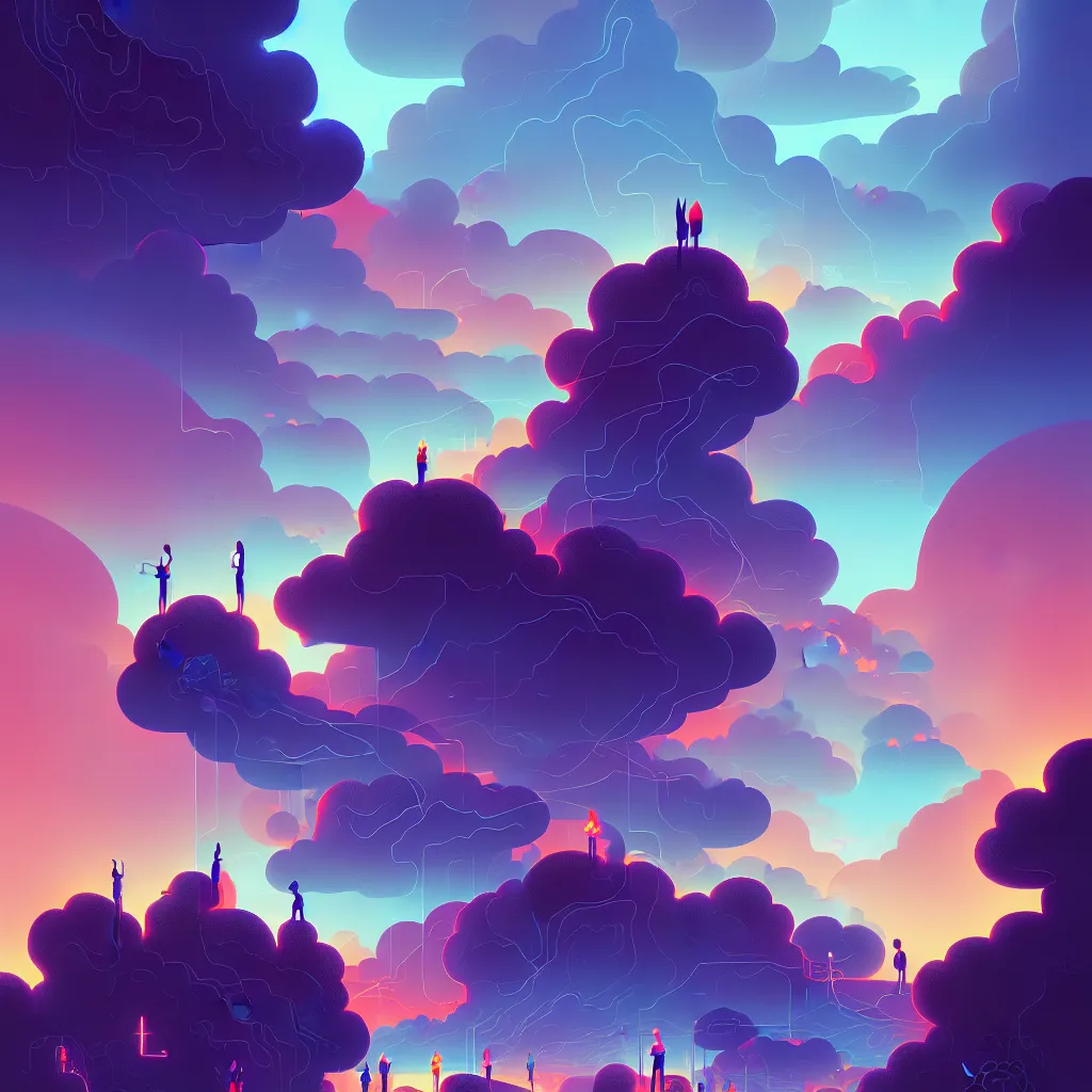 Image similar to illustration of a data-center architecture, connector, firewall, cloud, security, river, trees, thunderstorm, trending on Artstation, painting by Jules Julien, Leslie David and Lisa Frank and Peter Mohrbacher and Alena Aenami and Dave LaChapelle muted colors with minimalism