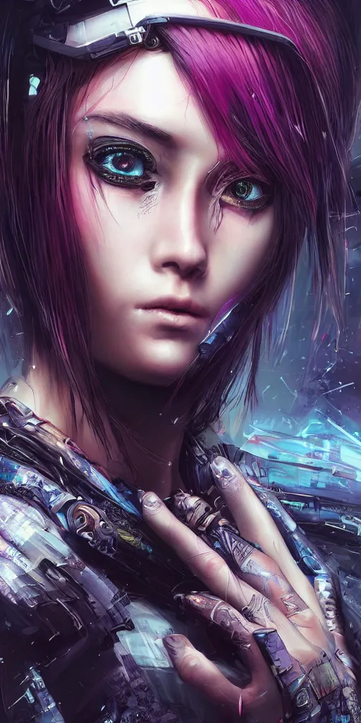 Image similar to beautiful, young cyberpunk ninja woman, extremely detailed gorgeous face, looks realistic, hyper-detailed portrait, sad eyes tears, vaporwave aesthetic, synthwave, magical, fantasy, ninchaku , artist Artgerm i and WLOP