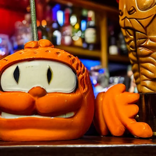 Image similar to a closeup photorealistic photograph of an orange cat garfield style tiki mug at a trader vic's bar with garfield's face on the front. tiki party. bright scene. fine detail. this 4 k hd image is trending on artstation, featured on behance, well - rendered, extra crisp, features intricate detail, epic composition and the style of unreal engine.